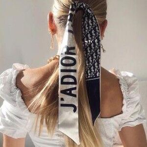 Christian Dior Style Silk Twilly Scarf Black Cream Monogram J’Adior